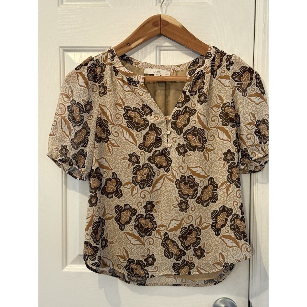 LOFT Petites‎ SP Puff Sleeve V-Neck Floral Blouse Beige Brown Polyester Women